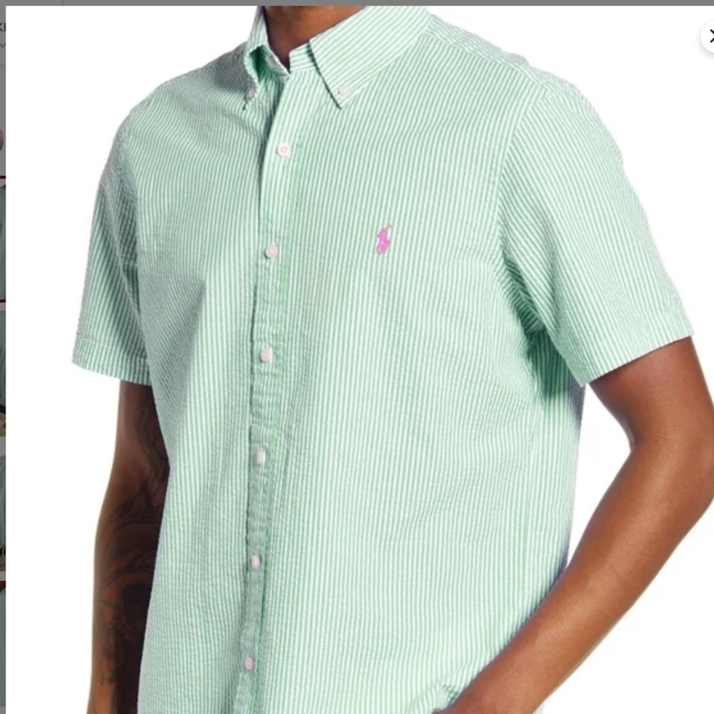 Ralph Lauren Classic Fit green and white stripe seersucker short sleeves XL